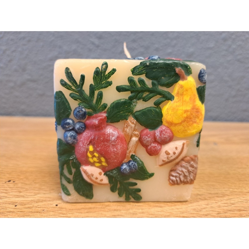 Vintage Carved Square Pillar Flowers Fruit Wax Candle 3" A1